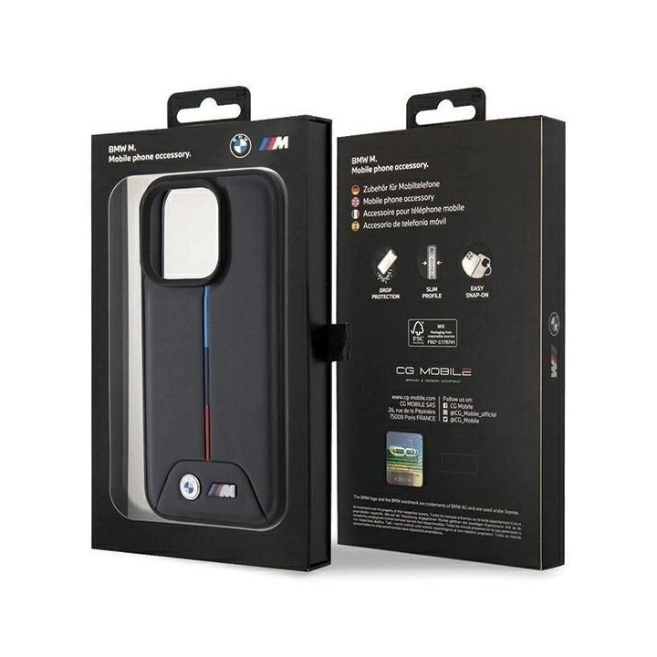 BMW dygsniuotas trispalvis iPhone 15 Pro dėklas – juodas