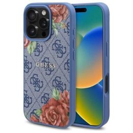 Guess iPhone 16 6.1 mėlynas dėklas su gėlių raštu, MagSafe