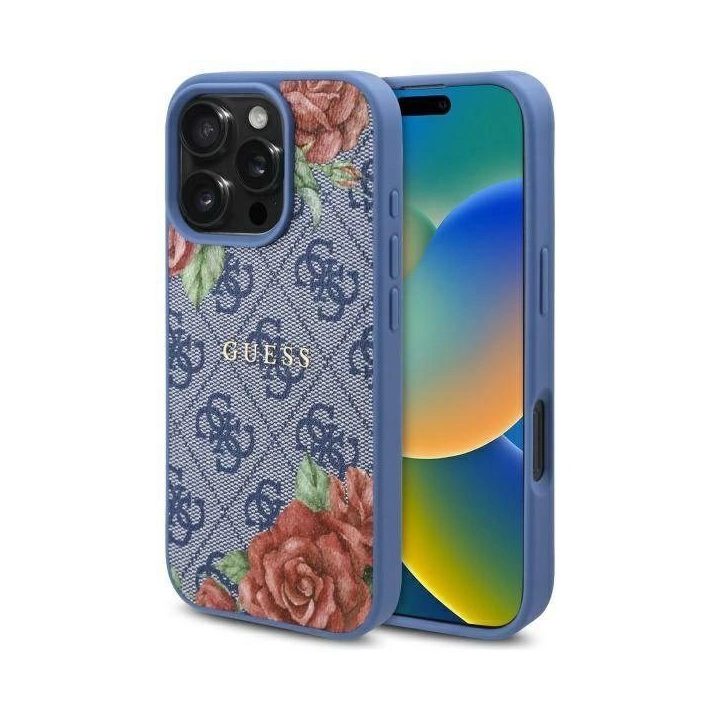Guess iPhone 16 6.1 mėlynas dėklas su gėlių raštu, MagSafe