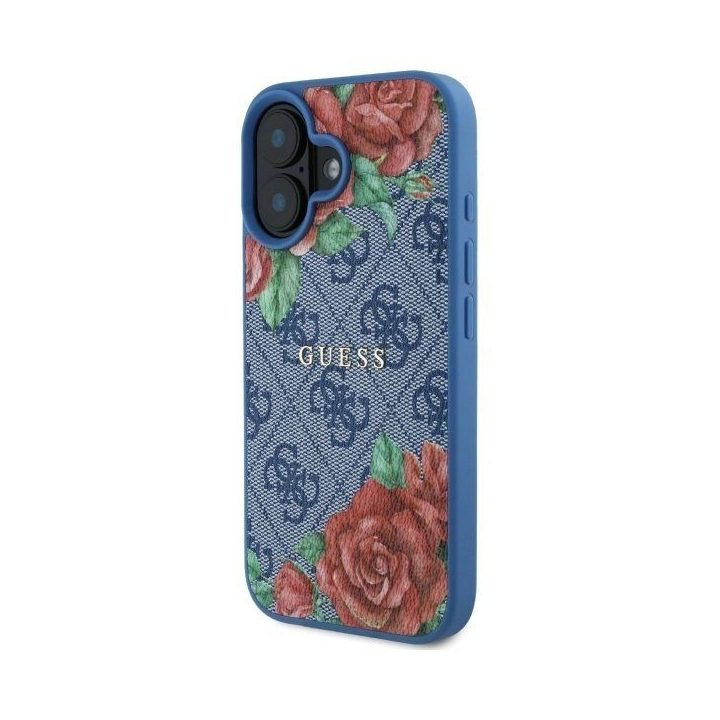 Guess iPhone 16 6.1 mėlynas dėklas su gėlių raštu, MagSafe
