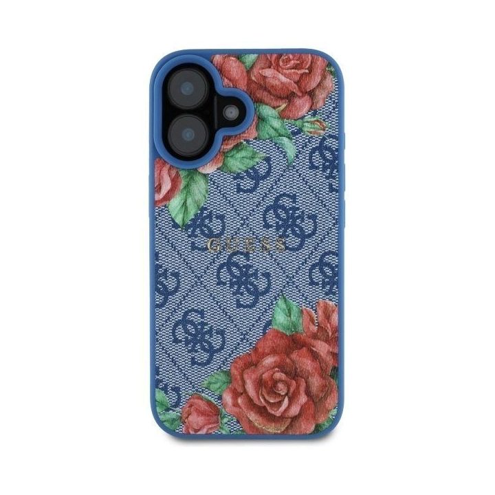 Guess iPhone 16 6.1 mėlynas dėklas su gėlių raštu, MagSafe
