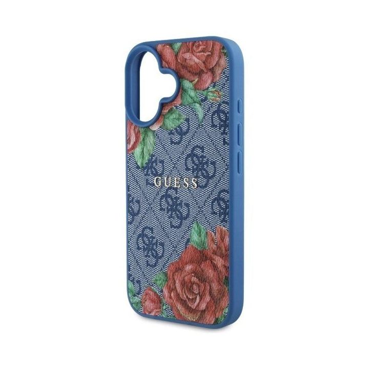Guess iPhone 16 6.1 mėlynas dėklas su gėlių raštu, MagSafe