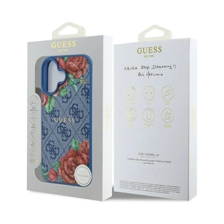 Guess iPhone 16 6.1 mėlynas dėklas su gėlių raštu, MagSafe
