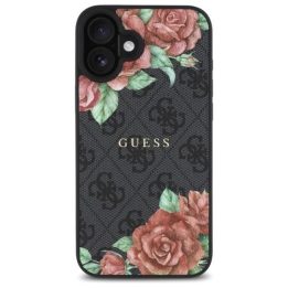 Guess iPhone 16 6.1 juodas dėklas su gėlių raštu, MagSafe