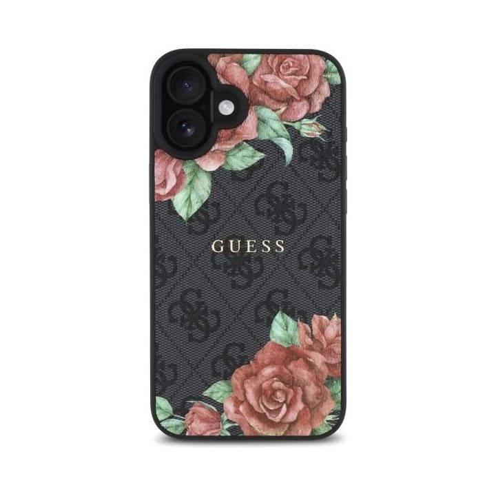 Guess iPhone 16 6.1 juodas dėklas su gėlių raštu, MagSafe