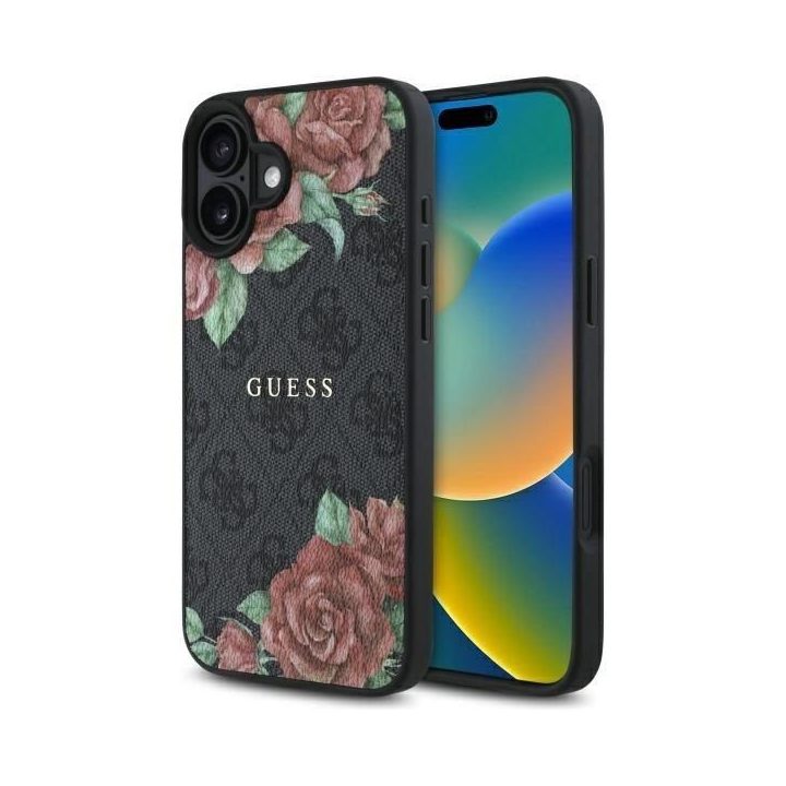 Guess iPhone 16 6.1 juodas dėklas su gėlių raštu, MagSafe