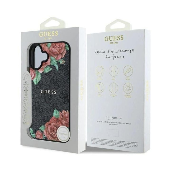 Guess iPhone 16 6.1 juodas dėklas su gėlių raštu, MagSafe