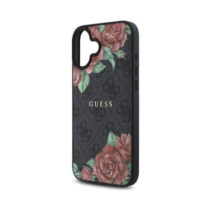 Guess iPhone 16 6.1 juodas dėklas su gėlių raštu, MagSafe