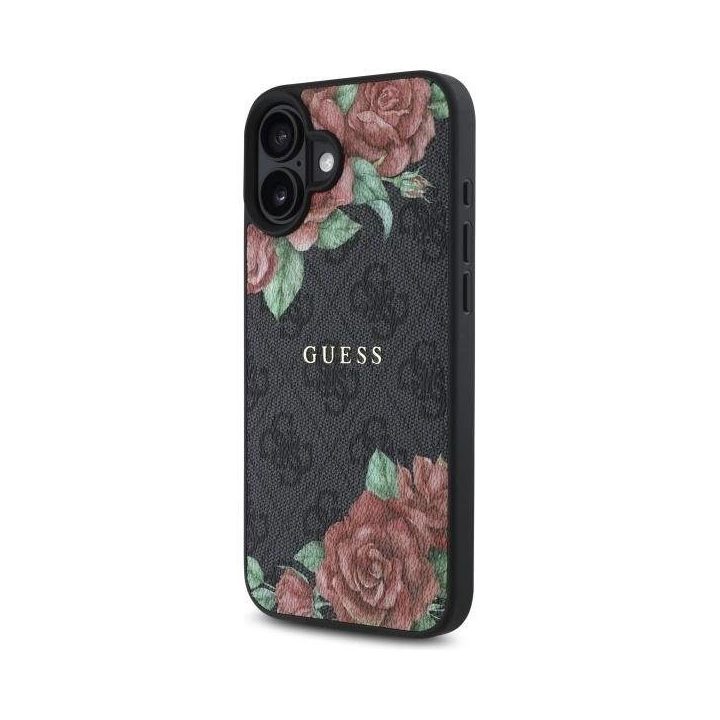 Guess iPhone 16 6.1 juodas dėklas su gėlių raštu, MagSafe