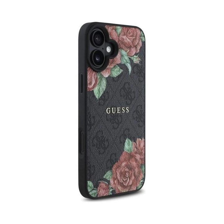 Guess iPhone 16 6.1 juodas dėklas su gėlių raštu, MagSafe