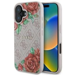 Guess rožinis iPhone 16 6.1 dėklas su gėlių raštu, MagSafe