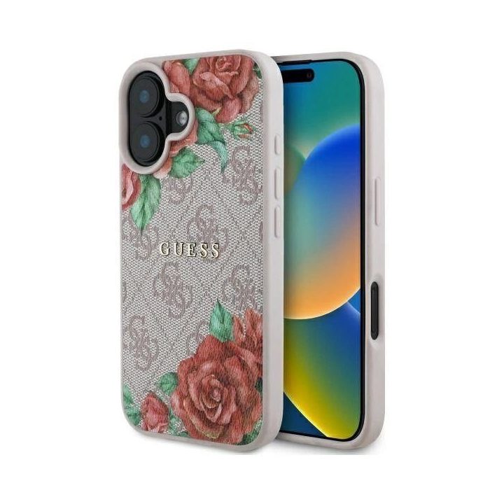 Guess rožinis iPhone 16 6.1 dėklas su gėlių raštu, MagSafe