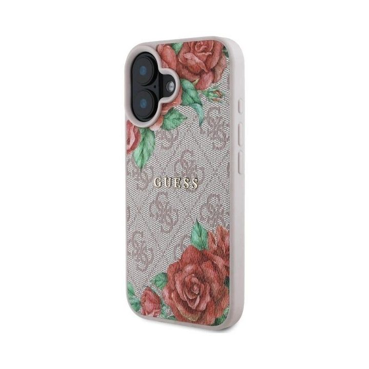 Guess rožinis iPhone 16 6.1 dėklas su gėlių raštu, MagSafe