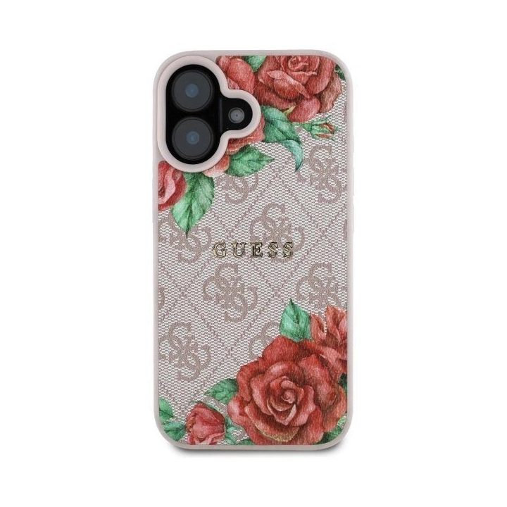 Guess rožinis iPhone 16 6.1 dėklas su gėlių raštu, MagSafe