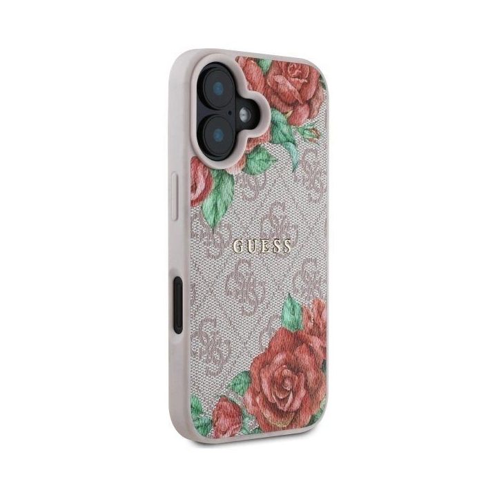 Guess rožinis iPhone 16 6.1 dėklas su gėlių raštu, MagSafe