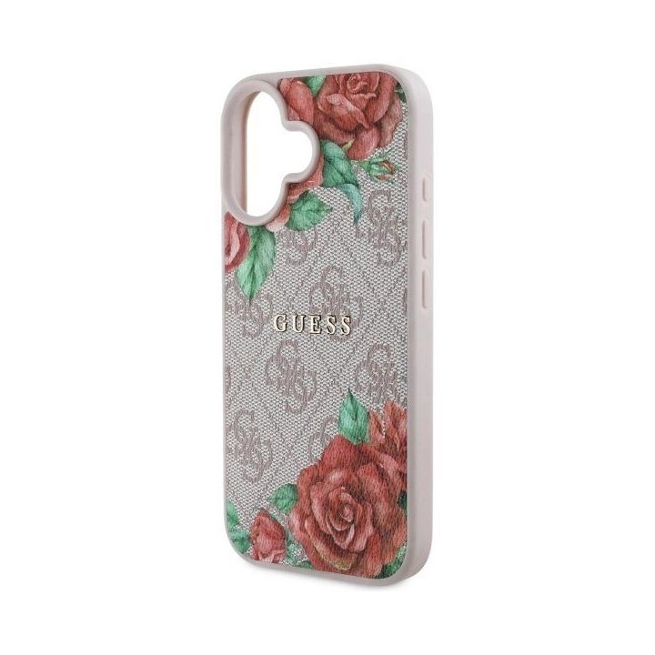 Guess rožinis iPhone 16 6.1 dėklas su gėlių raštu, MagSafe
