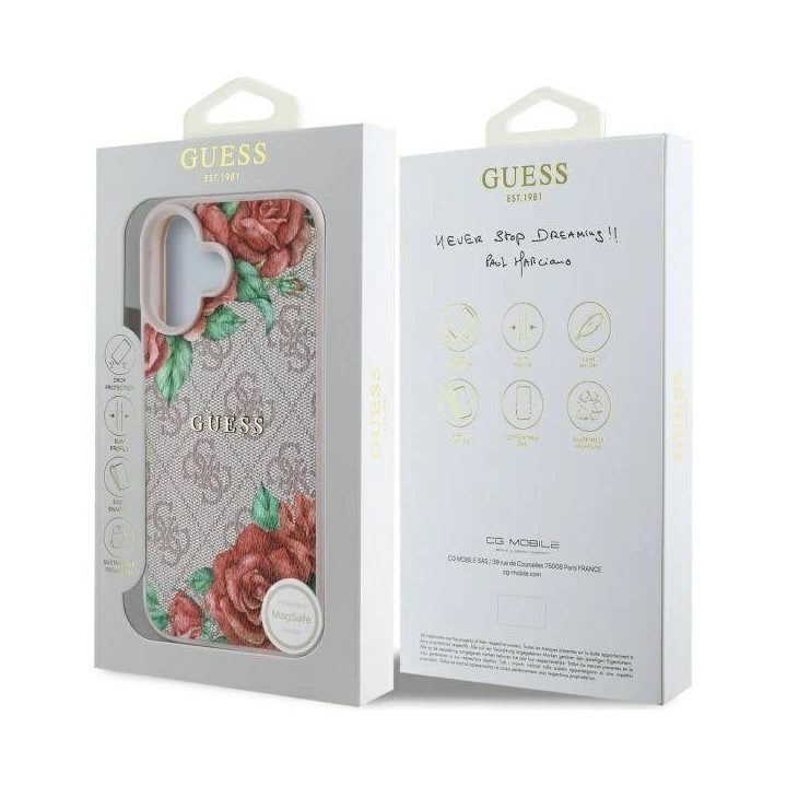 Guess rožinis iPhone 16 6.1 dėklas su gėlių raštu, MagSafe