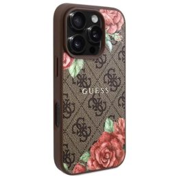 Guess iPhone 16 Pro Max 6.9 rudos spalvos dėklas su gėlių raštu, MagSafe