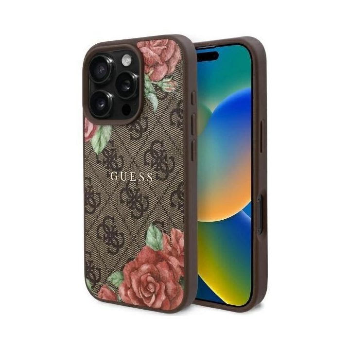 Guess iPhone 16 Pro Max 6.9 rudos spalvos dėklas su gėlių raštu, MagSafe