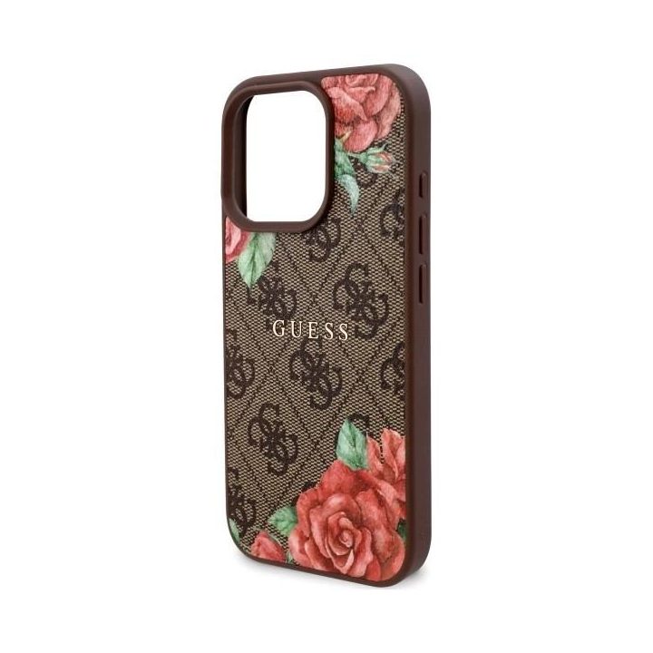 Guess iPhone 16 Pro Max 6.9 rudos spalvos dėklas su gėlių raštu, MagSafe
