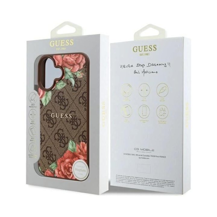 Guess iPhone 16 6.1 rudas dėklas su gėlių raštu, MagSafe