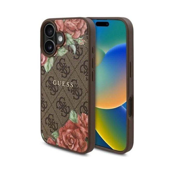 Guess iPhone 16 6.1 rudas dėklas su gėlių raštu, MagSafe