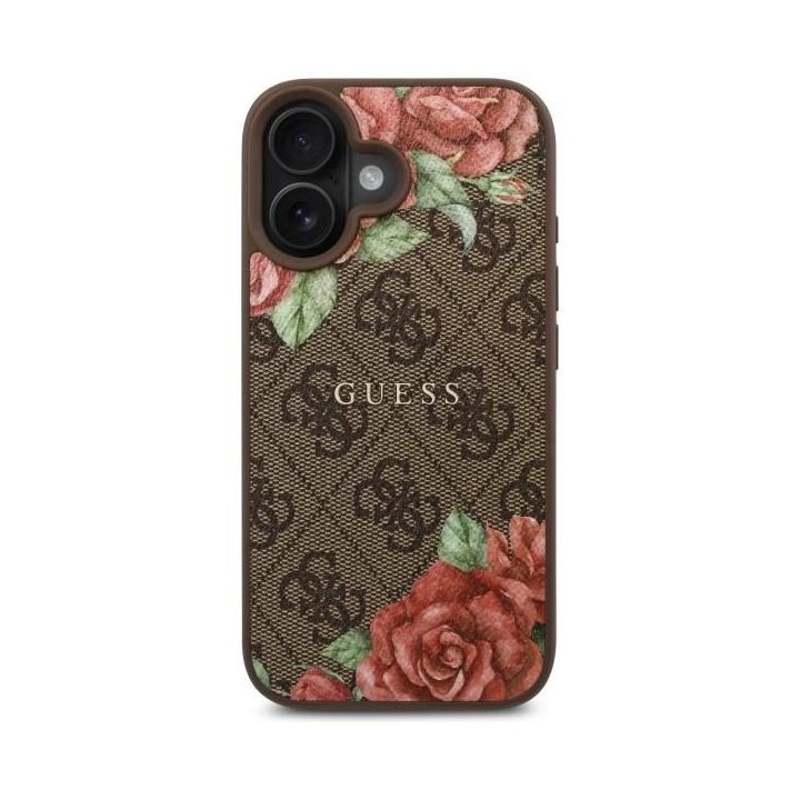 Guess iPhone 16 6.1 rudas dėklas su gėlių raštu, MagSafe