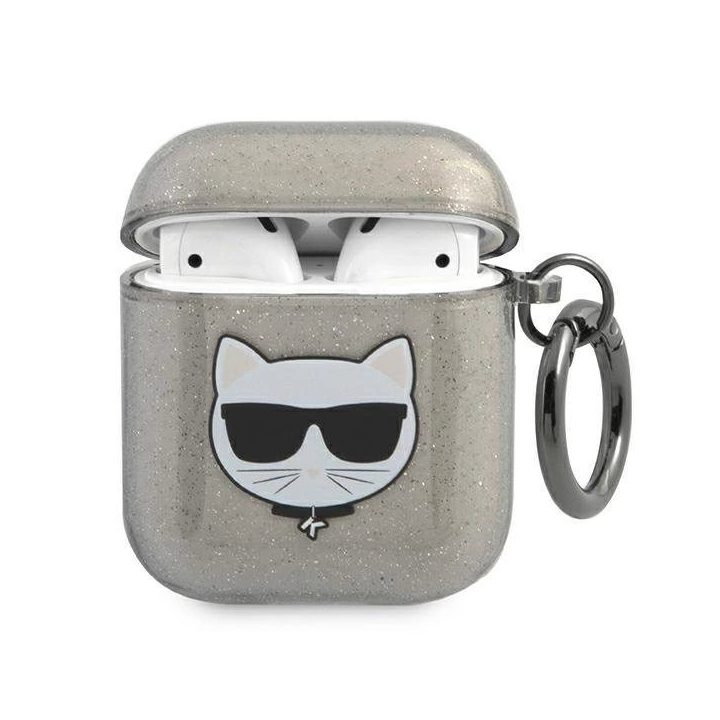 Karl Lagerfeld blizgus juodas AirPods 1/2 dėklas Choupette