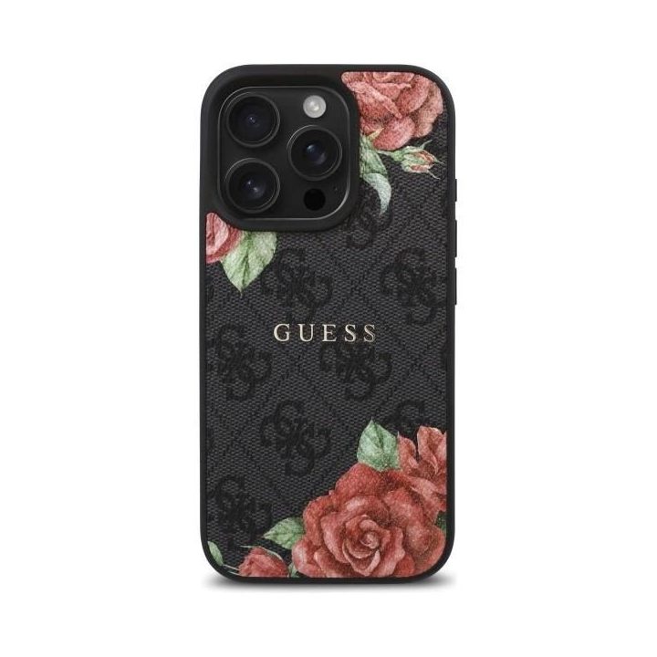 Guess iPhone 16 Pro Max 6.9 juodas dėklas su gėlių raštu, MagSafe