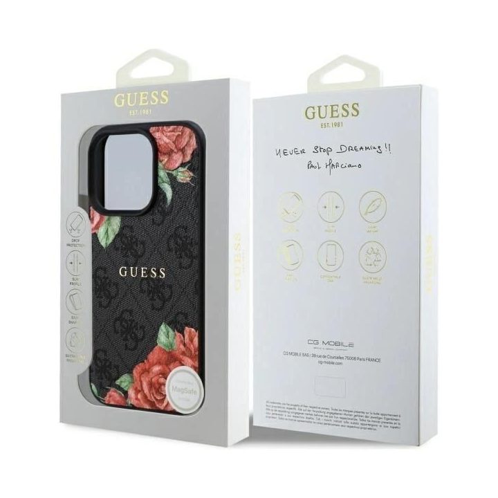 Guess iPhone 16 Pro Max 6.9 juodas dėklas su gėlių raštu, MagSafe