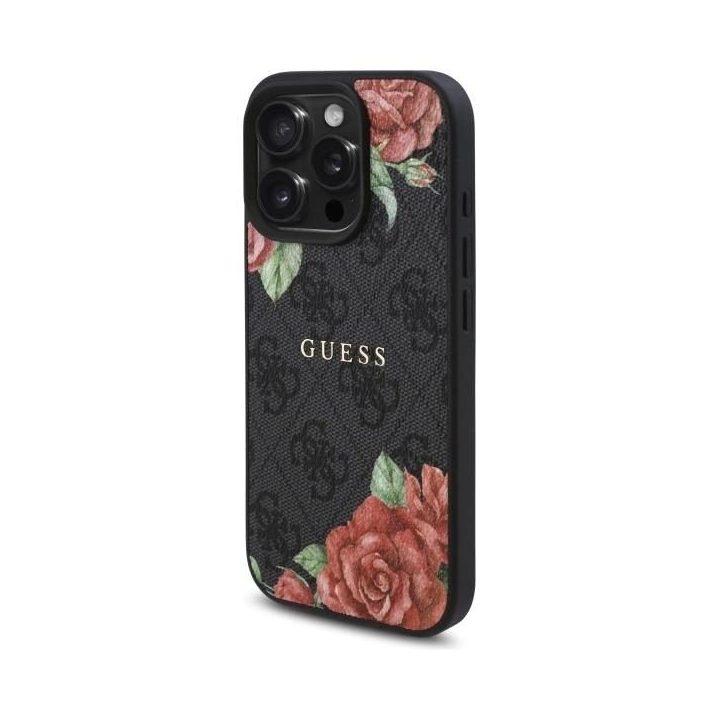 Guess iPhone 16 Pro Max 6.9 juodas dėklas su gėlių raštu, MagSafe