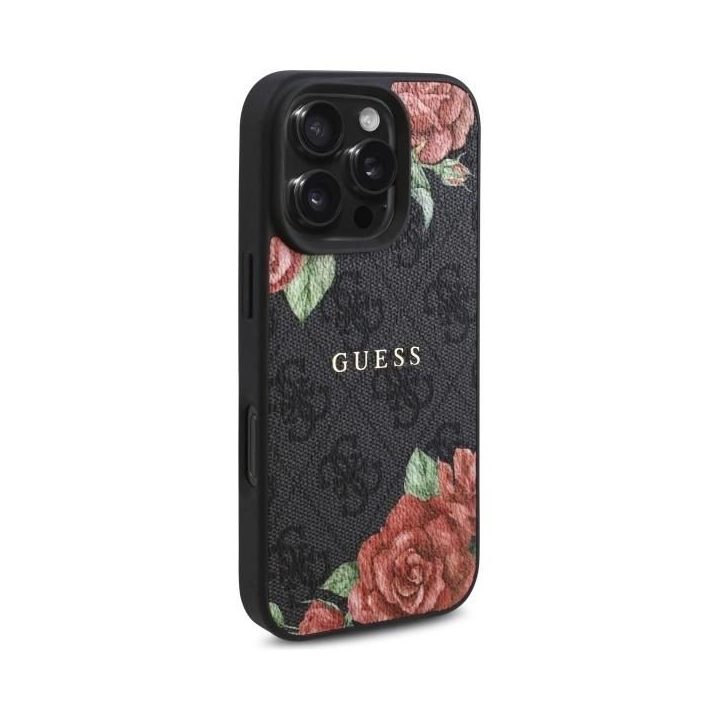 Guess iPhone 16 Pro Max 6.9 juodas dėklas su gėlių raštu, MagSafe