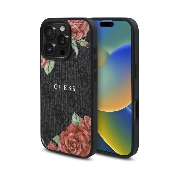 Guess iPhone 16 Pro Max 6.9 juodas dėklas su gėlių raštu, MagSafe