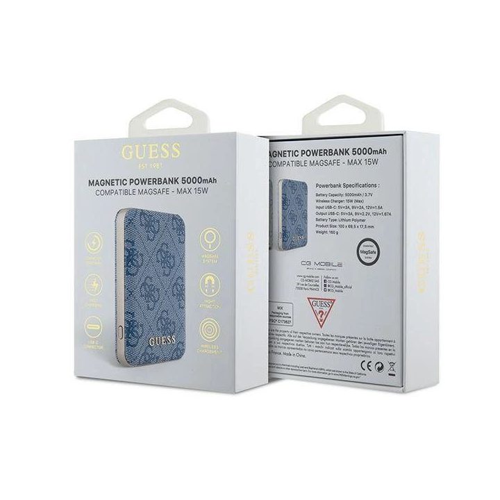 Guess belaidė išorinė baterija 5000mAh, 15W, mėlyna, MagSafe