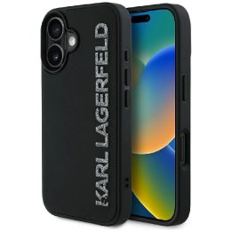 Karl Lagerfeld blizgus juodas iPhone 16 dėklas su 3D guma