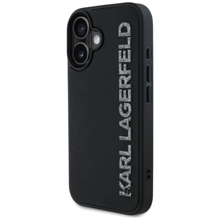 Karl Lagerfeld blizgus juodas iPhone 16 dėklas su 3D guma