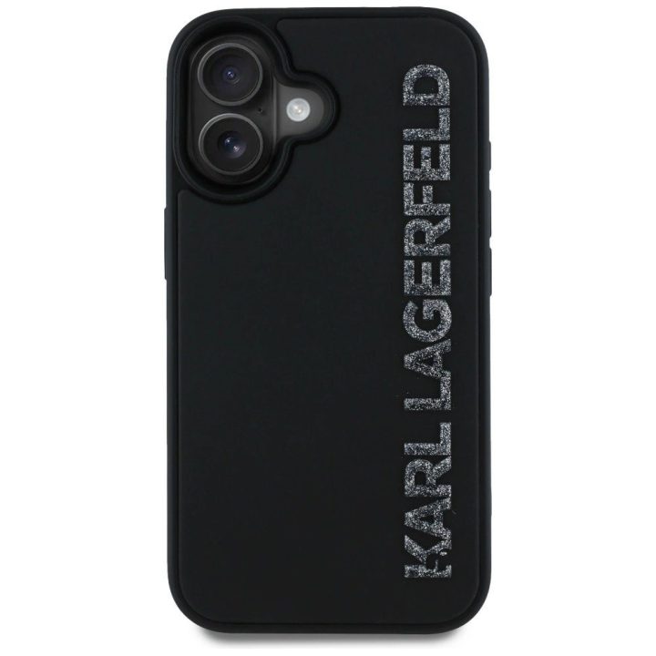 Karl Lagerfeld blizgus juodas iPhone 16 dėklas su 3D guma