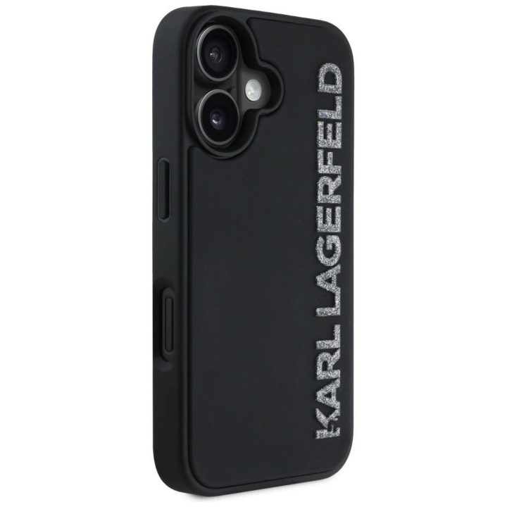 Karl Lagerfeld blizgus juodas iPhone 16 dėklas su 3D guma