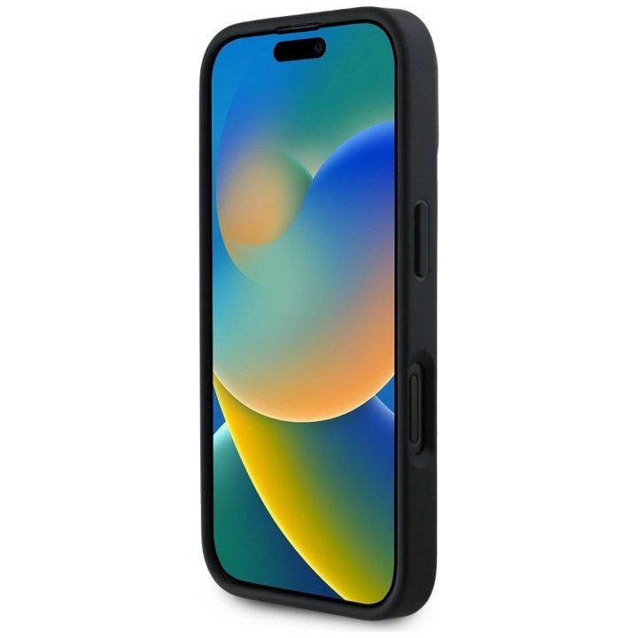 Karl Lagerfeld blizgus juodas iPhone 16 dėklas su 3D guma