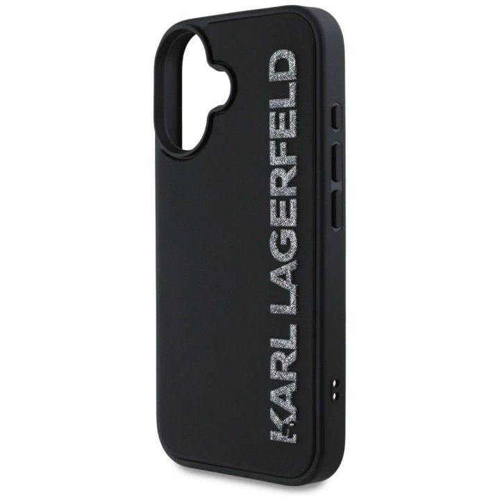 Karl Lagerfeld blizgus juodas iPhone 16 dėklas su 3D guma