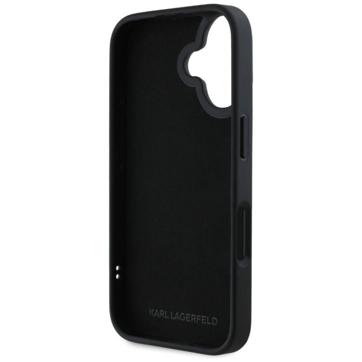 Karl Lagerfeld blizgus juodas iPhone 16 dėklas su 3D guma