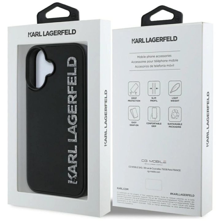 Karl Lagerfeld blizgus juodas iPhone 16 dėklas su 3D guma