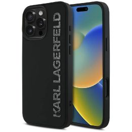 Karl Lagerfeld blizgus juodas 3D silikoninis dėklas iPhone 16 Pro