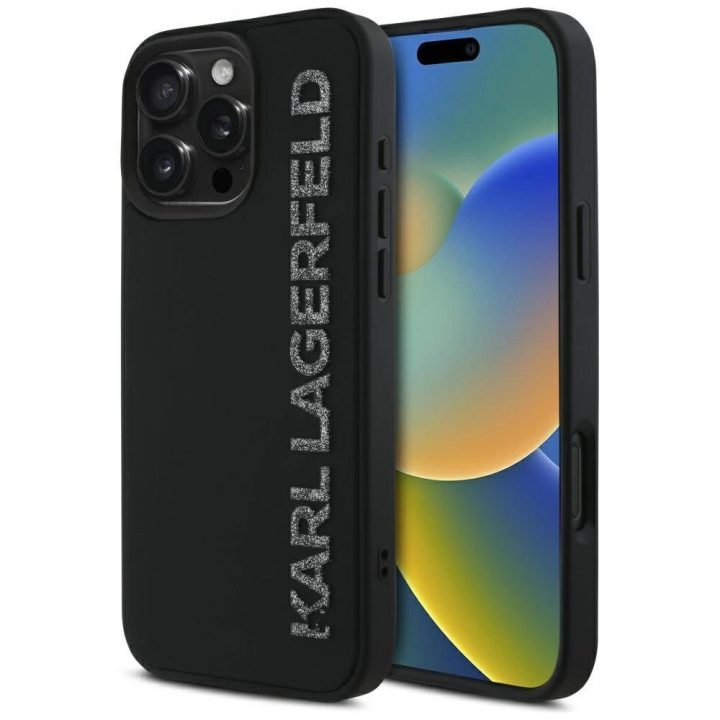 Karl Lagerfeld blizgus juodas 3D silikoninis dėklas iPhone 16 Pro