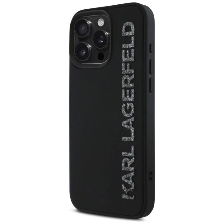 Karl Lagerfeld blizgus juodas 3D silikoninis dėklas iPhone 16 Pro