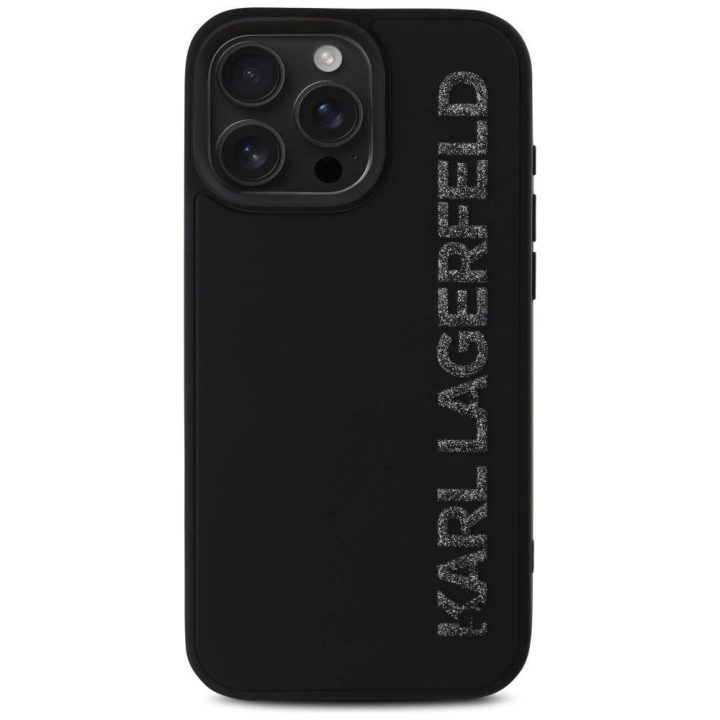 Karl Lagerfeld blizgus juodas 3D silikoninis dėklas iPhone 16 Pro