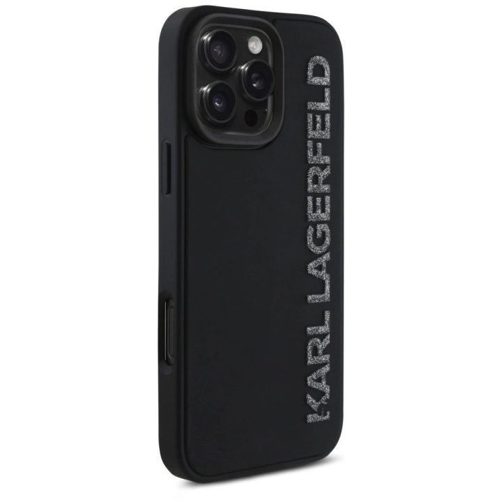 Karl Lagerfeld blizgus juodas 3D silikoninis dėklas iPhone 16 Pro