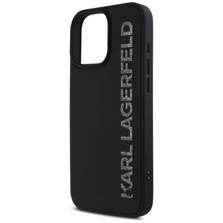 Karl Lagerfeld blizgus juodas 3D silikoninis dėklas iPhone 16 Pro