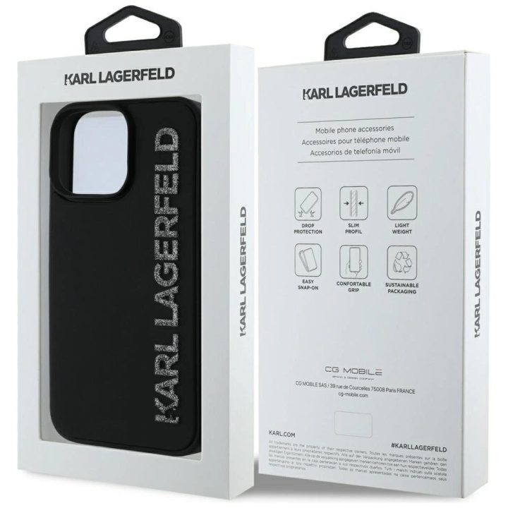 Karl Lagerfeld blizgus juodas 3D silikoninis dėklas iPhone 16 Pro
