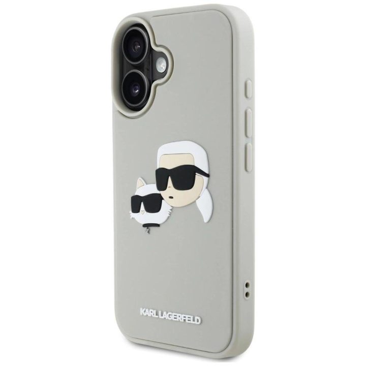 Karl Lagerfeld 3D guminis dviejų galvų iPhone 16 dėklas, smėlio spalvos